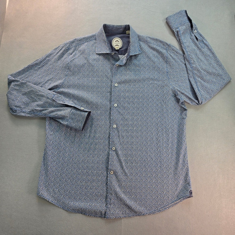 Ganesh Men's XL Blue White Geometric Print Button Down Shirt Long Sleeve